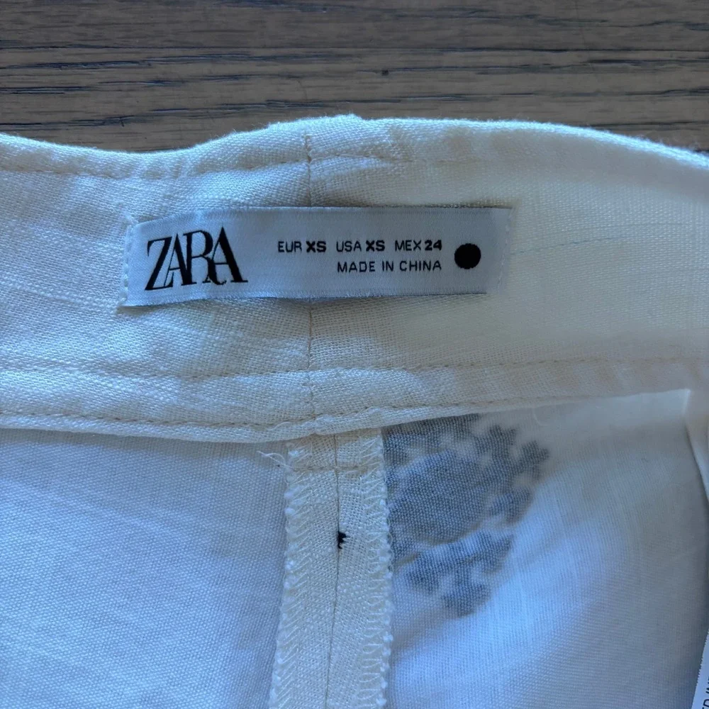 Zara Embroidered Linen Blend Wide Leg Pants White Black XS NEW